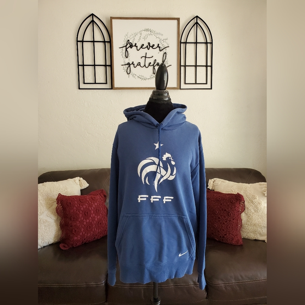 FFF Men's Nike Blue Pullover Hoodie Size L Classic Outdoor Hiking Retro Athletic